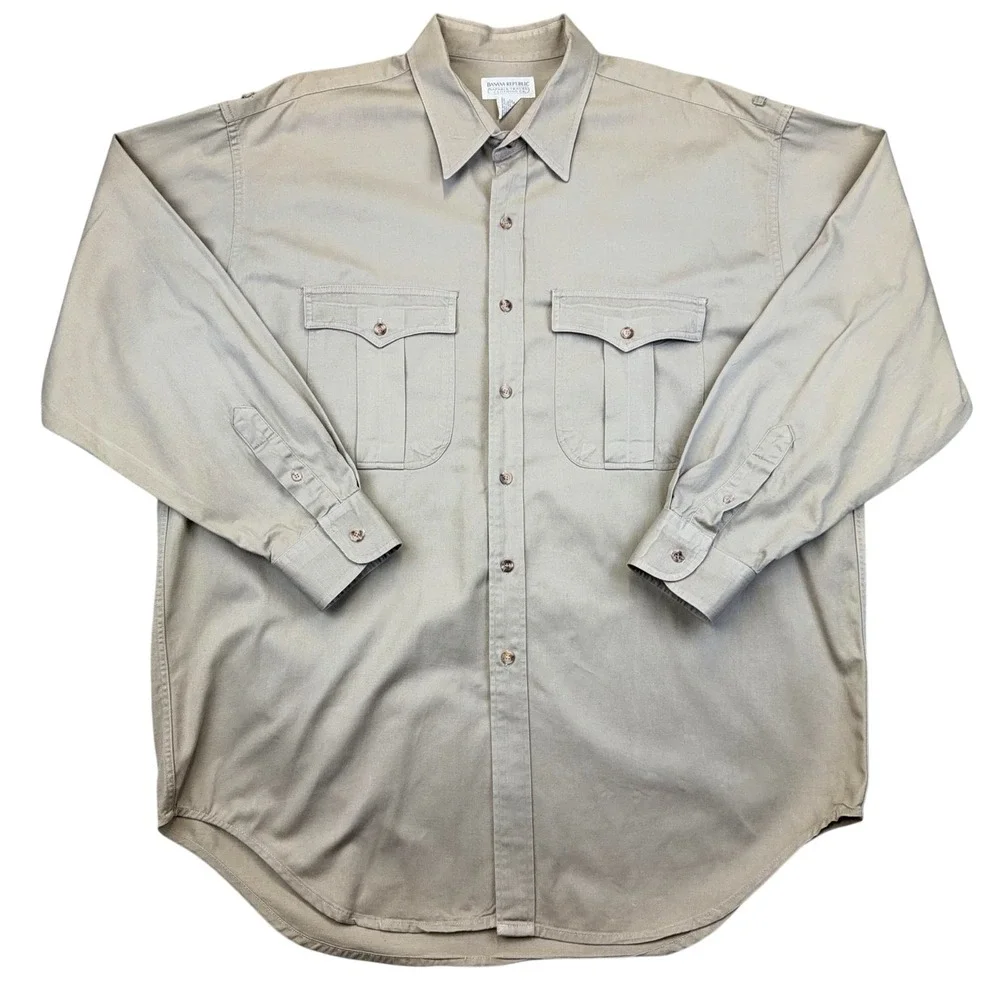Vintage Banana Republic Shirt Mens XL Beige Safari Travel Long Sleeve Button Up